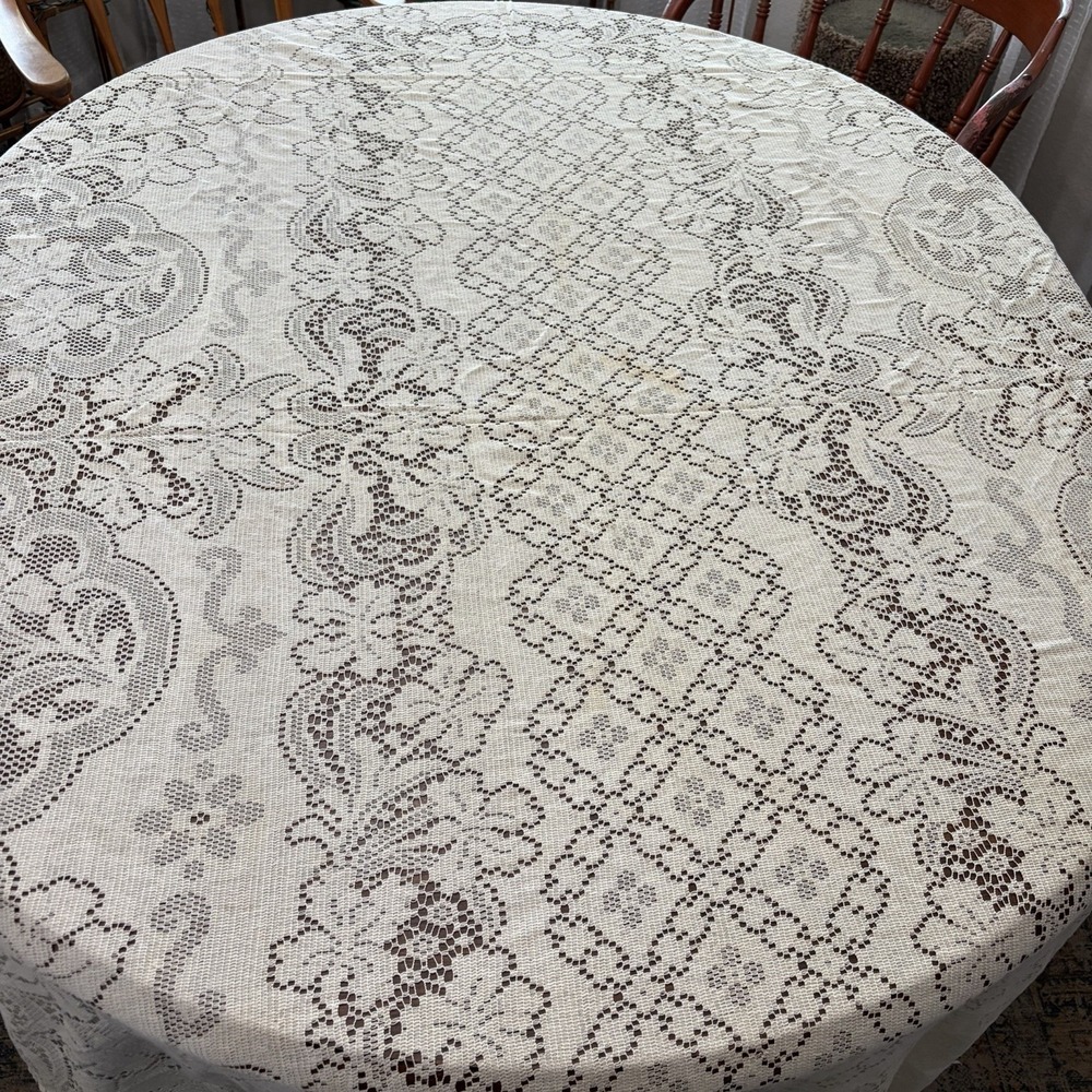 Vintage Ivory Rectangular Lace Tablecloth 56x100 Floral Trellis Decor #1